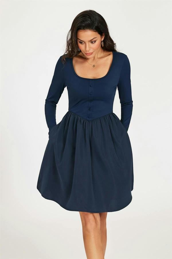 FS Collection Square Neck Button Detail Long Sleeve Mini Dress In Navy