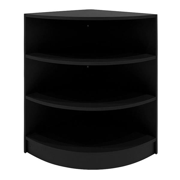Sagittarius LED Shop Counter Set in sleek black, featuring a modern corner design with three spacious shelves for display and storage