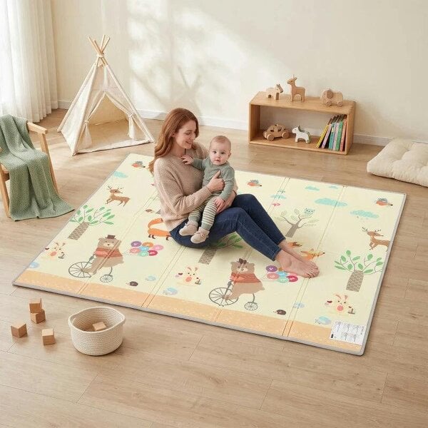 Foldable Reversible Baby Play Mat 180 x 150 cm, Waterproof, Non-Slip for Crawling and Learning, Animals & Forest Theme