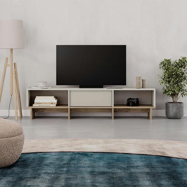 Decortie Modern TV Stand 170cm w/Soft-Close Drop-Down Door Open Shelves Metal Handle Living Room TV Cabinet Sandstone, Natural Oak