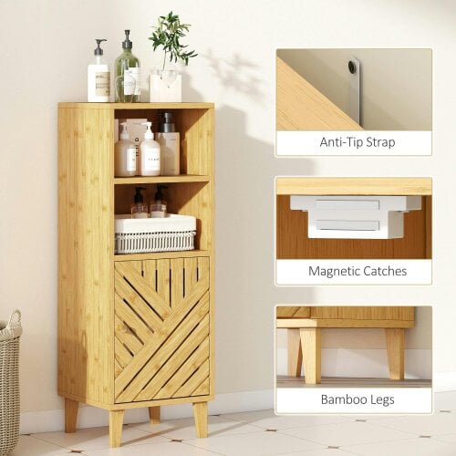 Wyld Haus Mire Slim Freestanding Bathroom Storage Cabinet With Bamboo Door Legs And OFauxn Compartments Natural Wood Finish