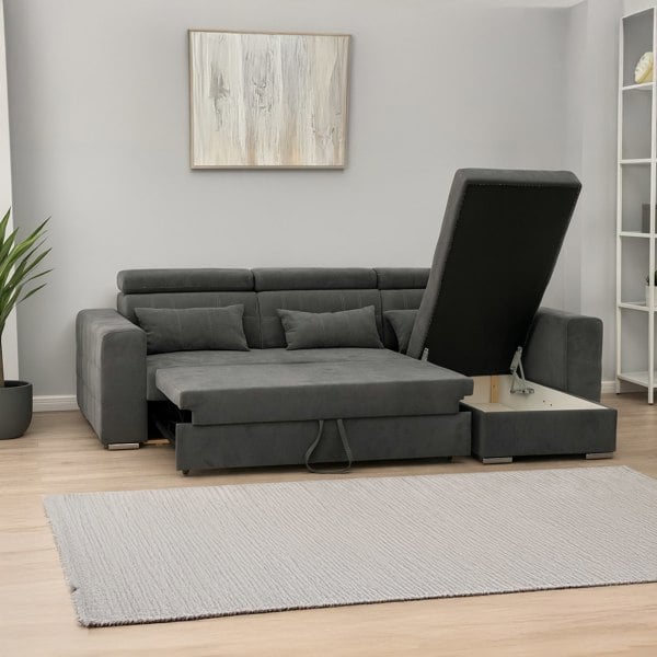 Furnishings For Less Miami Grey Fabric Reversible Corner Sofa Bed With Storage and Headrests