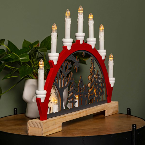 Samuel Alexander 45cm Battery Operated Light up Red Wooden Christmas Candle Bridge with 9 Warm White LEDs