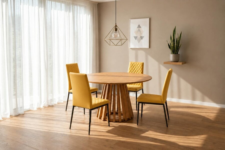 Outdoor Living Kayci Round Oak Dining Table with 4 Emily Chairs - yellow