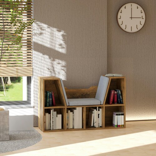 Wyld Haus Kalavi Wood Rustic Brown Cube Bookcase With Cushioned Reading Seat