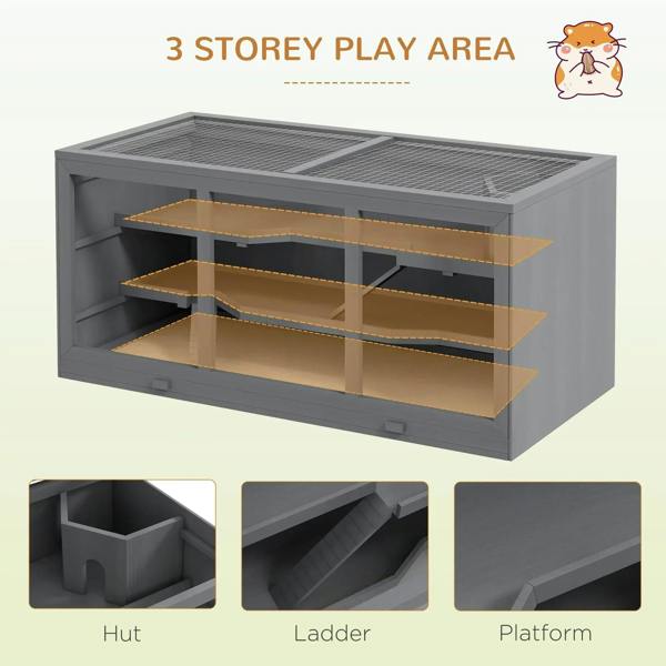 Grey wooden hamster cage with multi-level play area, ladder, and platform