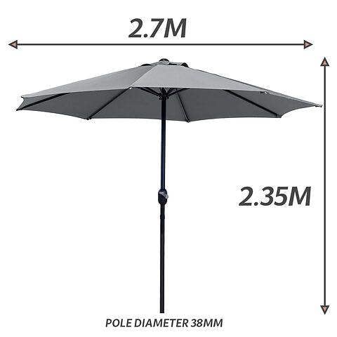 GlamHaus Garden Parasol Table Umbrella 2.7M Crank Handle, UV40 Protection, Includes Protection Cover, Robust Steel - Dark Grey