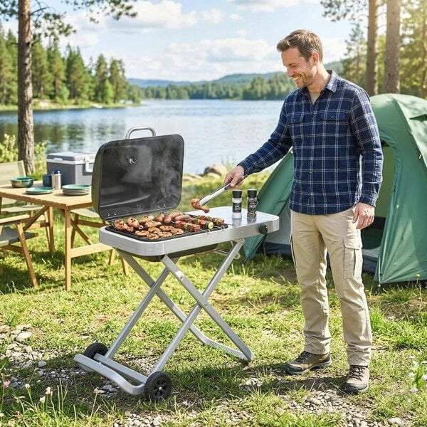 Bobobiy Foldable Gas BBQ Grill with Side Table, Portable Gas Barbecue Grill with Thermometer, Grease Box, Wheels, 2.5 kW, Black