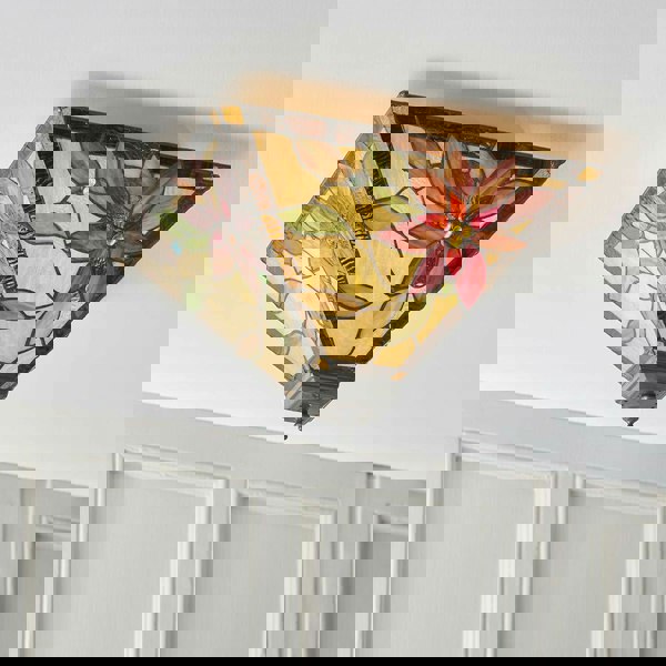 Tiffany Glass Semi Flush Ceiling Light Red Flower Inverted Square Shade i00053 Loops