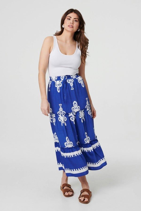 Blue | Ikat Print Tiered High Waist Midi Skirt
