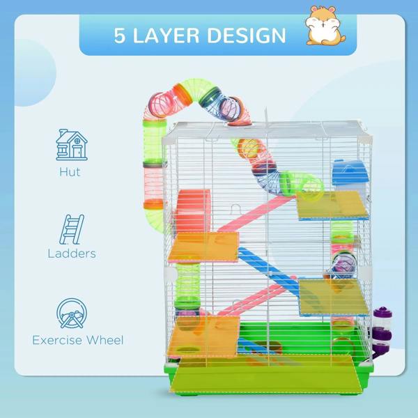 Green 5-layer hamster cage with tunnels, platforms, and exercise wheel