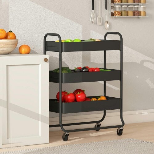 Wyld Haus Rakemi Metal Black 3 Tier Rolling Utility Trolley With Mesh Baskets