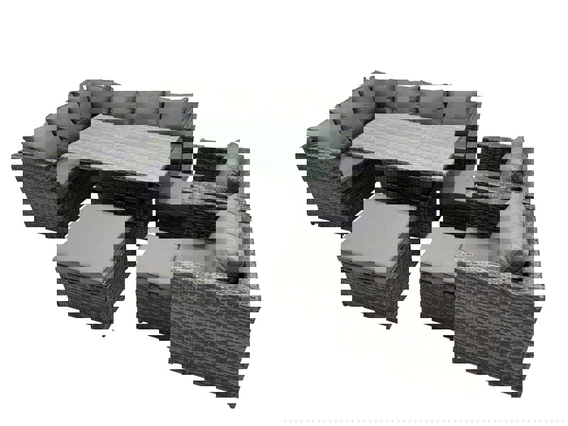 Fimous 11 seater Height Adjustable Rising Lifting Table Corner Sofa Set Rattan Garden Furniture Dining Set with 3 Stool Dark Grey Mixed