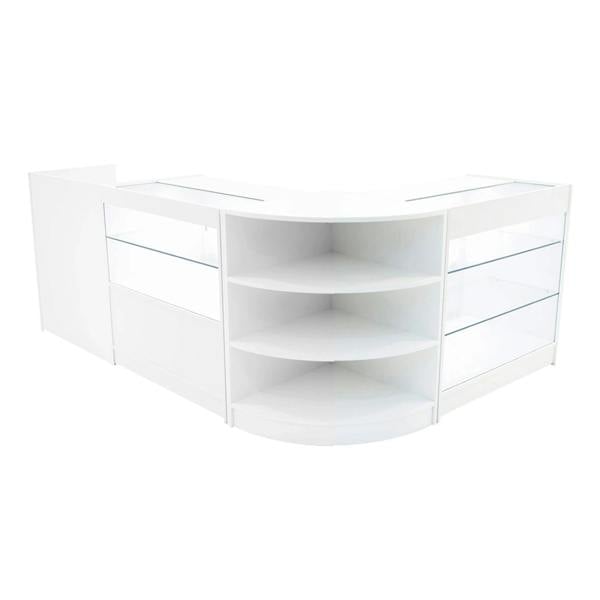 Curved white LED shop counter set featuring glass display shelves, sleek design, and modern finish, ideal for retail spaces