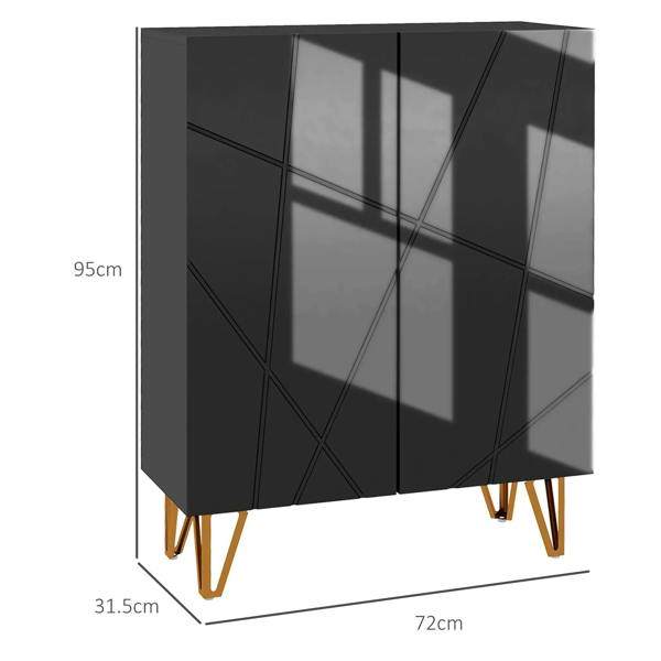 Black high-gloss shoe storage cabinet with 4 angled gold steel legs