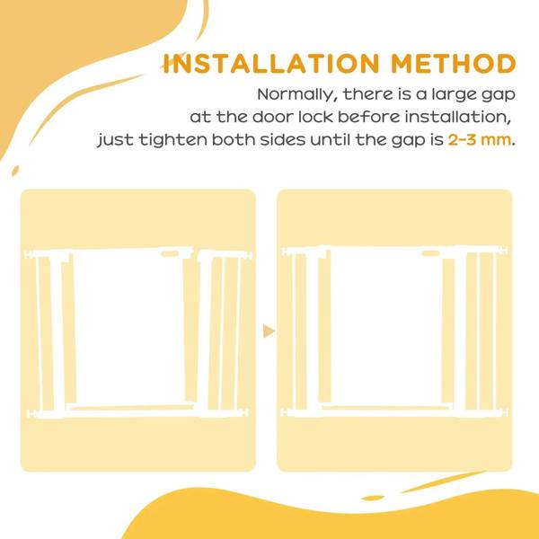 Black mesh safety gate installation view with gap-tightening example panels
