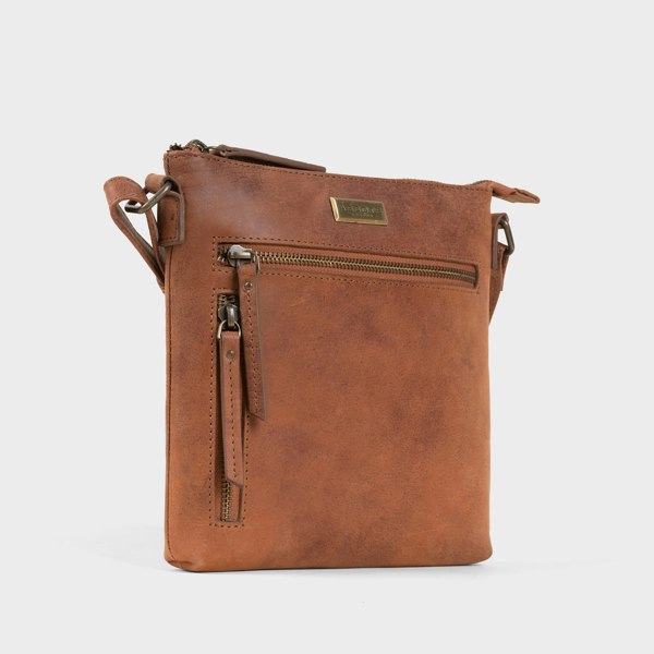 Assots London 'RUE' Distressed Tan Real Leather Crossbody Bag