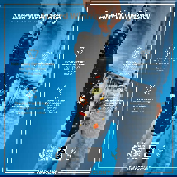 A water bottle, being held, shows off its features against a blue backdrop. Award Winning Design. Hide-Away Carry Handle. No rattles, never in the way. Hygiene Cover. Keeps the spout safe and clean. Crevice Free Design. Designed with hygiene in mind. Wide Opening Mouth. Easy clean, easy refills. GERMAN DESIGN AWARD WINNER 2024. GOOD DESIGN. SLIM RECYCLON™. 2021.