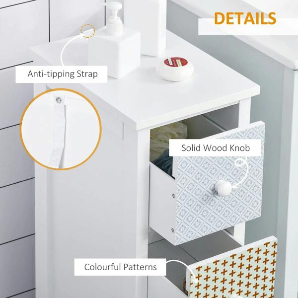 White cabinet detail: anti-tip strap and solid wood knobs on patterned drawers.