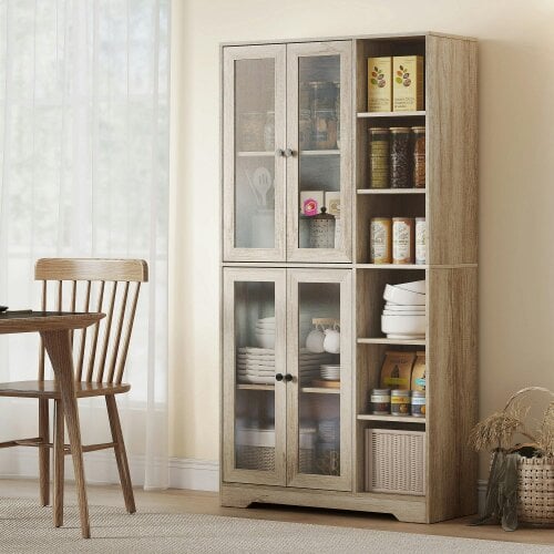 Wyld Haus Mole Pantry Wooden Grey Wood Effect Kitchen Storage Cabinet With Glass Doors