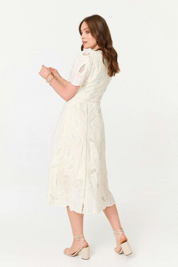 Cream | Lace Textured 1/2 Sleeve Midi Dress