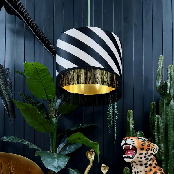 Love Frankie Liquorice Helter Skelter Velvet Lampshades With Gold Foil Lining and Fringing