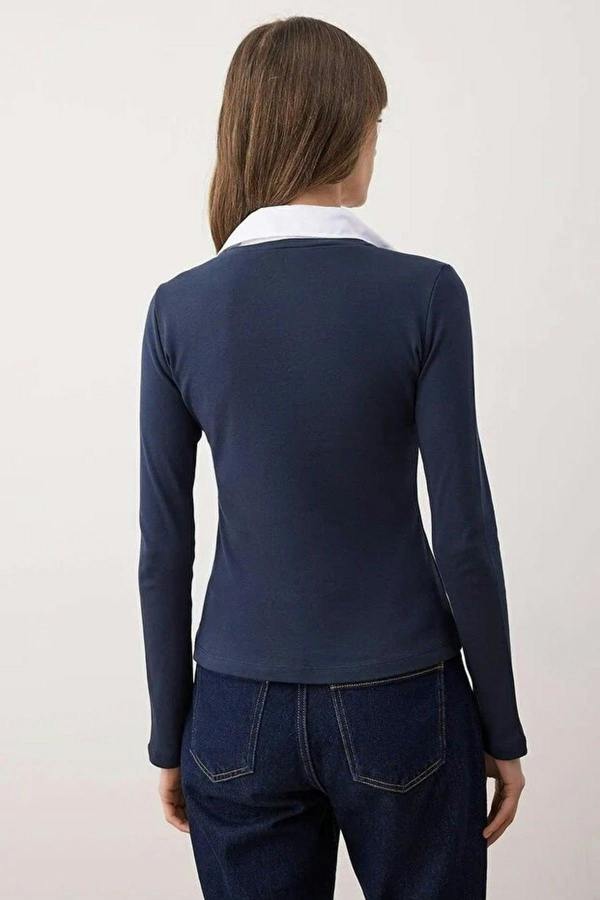 WOVCOR Woven Shirt Collar Knit Blouse