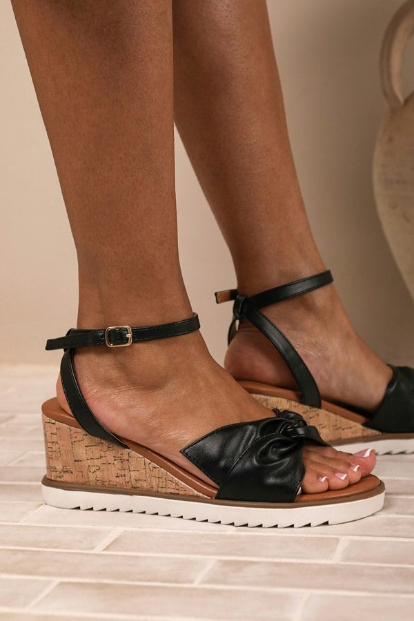 Where's That From Katara Knot Detail Wedge Shoes With Buckle Ankle Strap in Black Pu