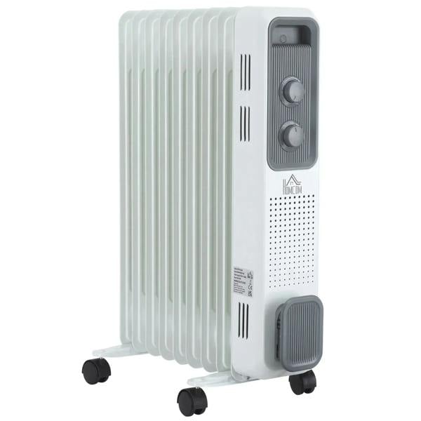White oil-filled radiator heater with 9 fins, control knobs, and rolling wheels base.