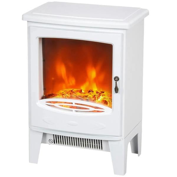 White freestanding electric fireplace with glass front and realistic flame display
