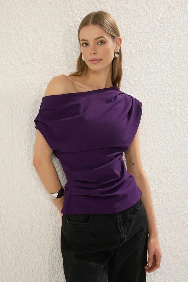 WOVCOR Draped One Shoulder Blouse