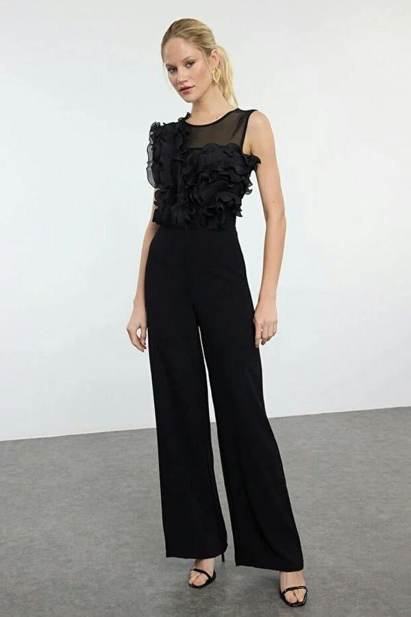 WOVCOR Woven Jumpsuit with Tulle Details