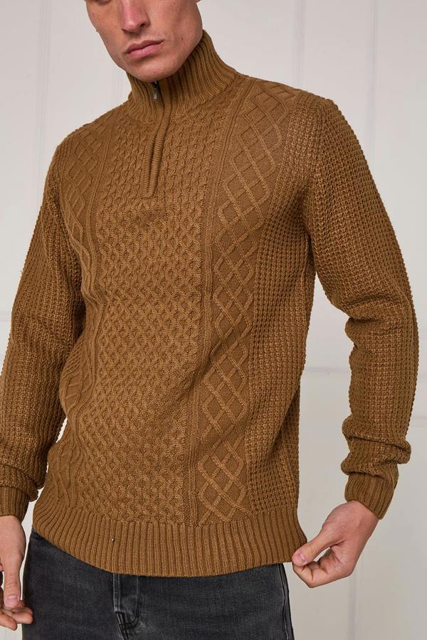 Men’s Half Zip Cable Knit Textured Jumper