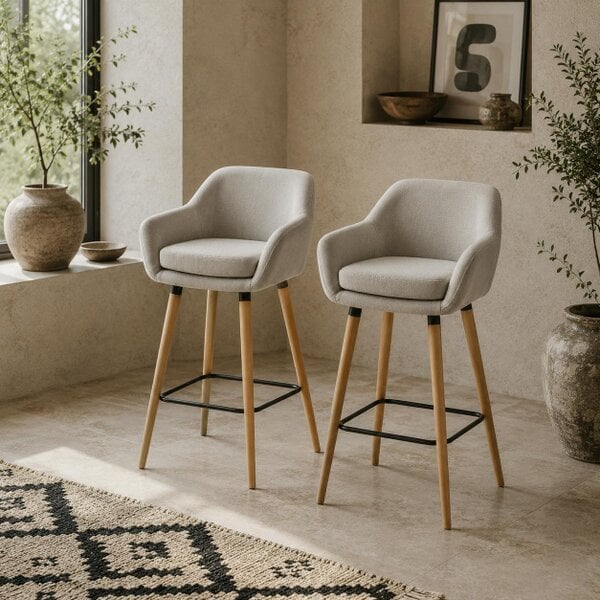 Wyld Haus Dottira Fabric Beige Upholstered Bar Chairs Set Of 2 With Wood Legs And Metal Frame