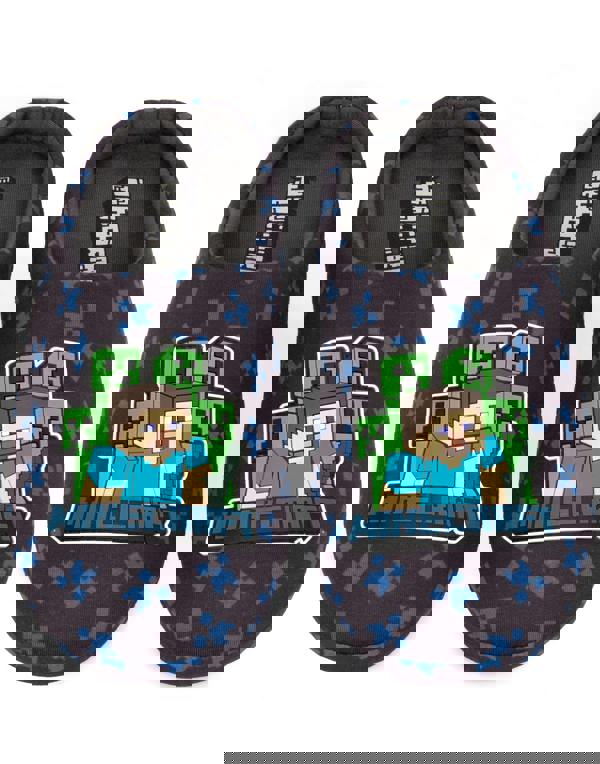 Minecraft Boys Blue Creeper Zombie Sequin Applique Slip On Loafer Slippers [dis]