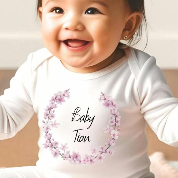 Personalised Pink Blossom Baby Grow, Vest or Bib with Name
