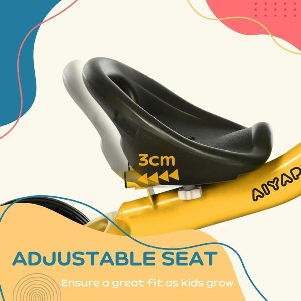 Adjustable black tricycle seat on a yellow frame with height-adjust base