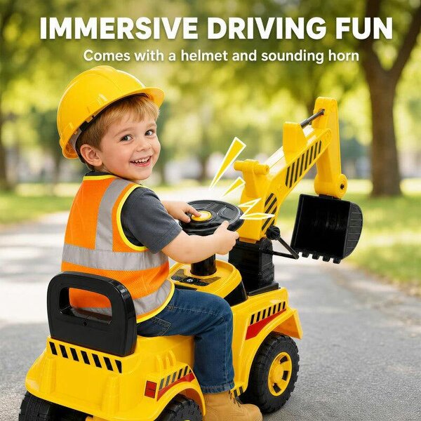 Kids Ride on Digger, Toddler Construction Toy Car with Security Helmet, Horn, Detachable Digging Arm