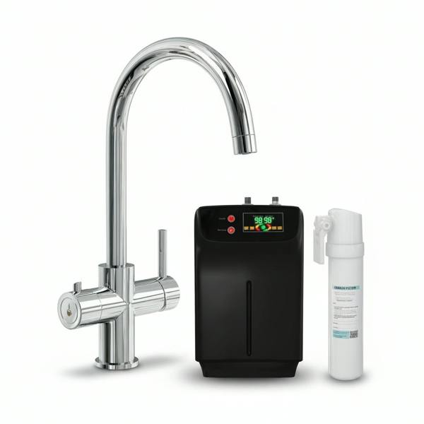 Chrome boiling water tap, boiler and carbon rod filter on a white background