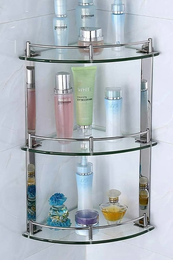 Living and Home 3 Tiers Tempered Glass Corner Shelf with Steel Bathroom Rail Wall Mounted