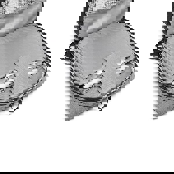 Gray backpack with compartments and a laptop sleeve on a white background