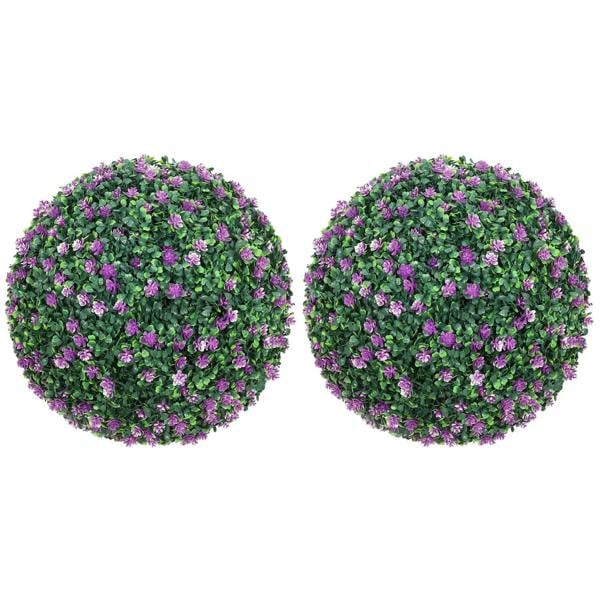 Set of two artificial purple boxwood ball plants with round green foliage and purple flowers