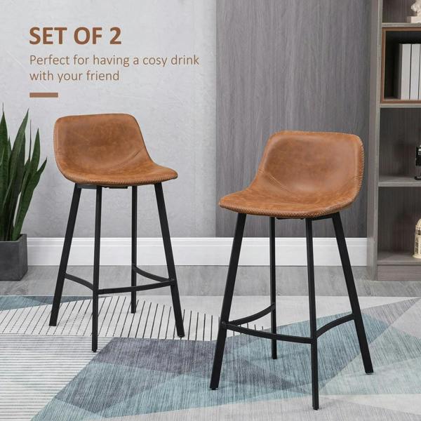 Pair of brown bar stools with curved cushioned seats and black legs