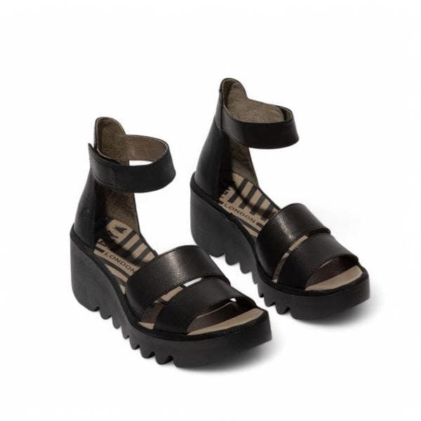 Fly London Women's BONO290FLY Black Mousse Leather Wedge Sandals