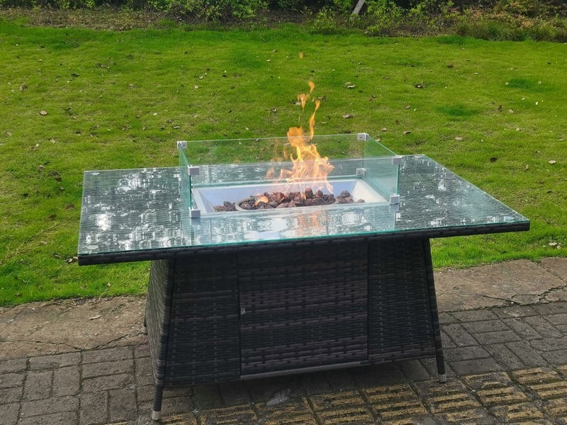 Fimous Dark Grey Mixed Rattan Fire Pit Table Dining Table Gas Heater Burner Garden Furniture Accessory Patio