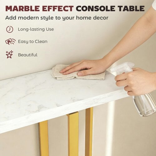 Wyld Haus Larose Metal And Faux Marble White Narrow Console Table With Anti Tip Steel Frame 100 cm