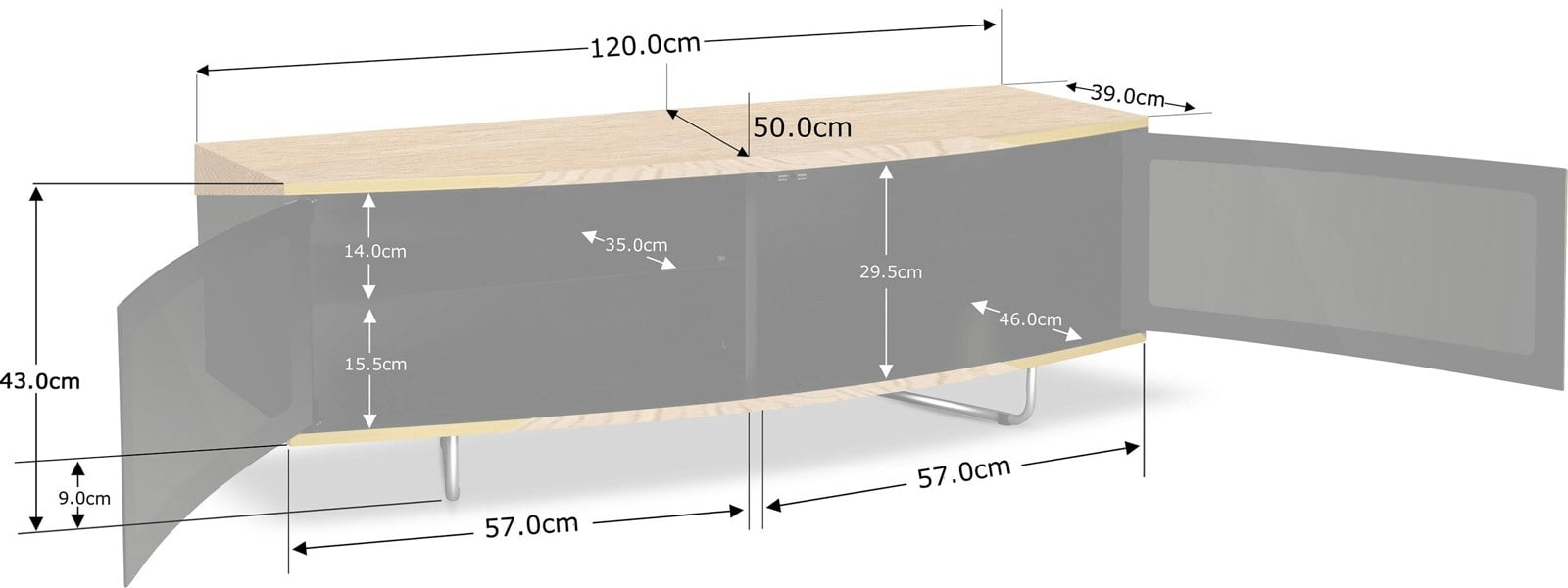 Centurion Supports Caru Gloss Black and Oak Beam-Thru Remote Friendly Super-Contemporary "D" Shape Design 32"-65" LED/OLED/LCD TV Cabinet