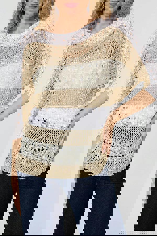 Gold | Semi Sheer Mesh 3/4 Sleeve Knit Top