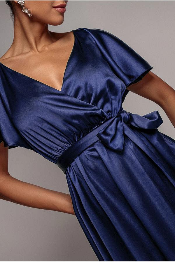 Satin Flutter Sleeve Wrap Maxi Dress - Navy Blue DR3640