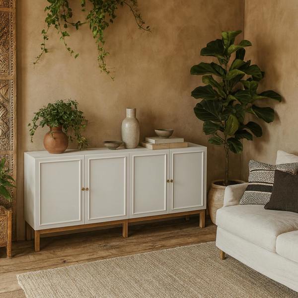 Wyld Haus Sofia Light Grey and Oak Wood 4 Door 1 Drawer Sideboard